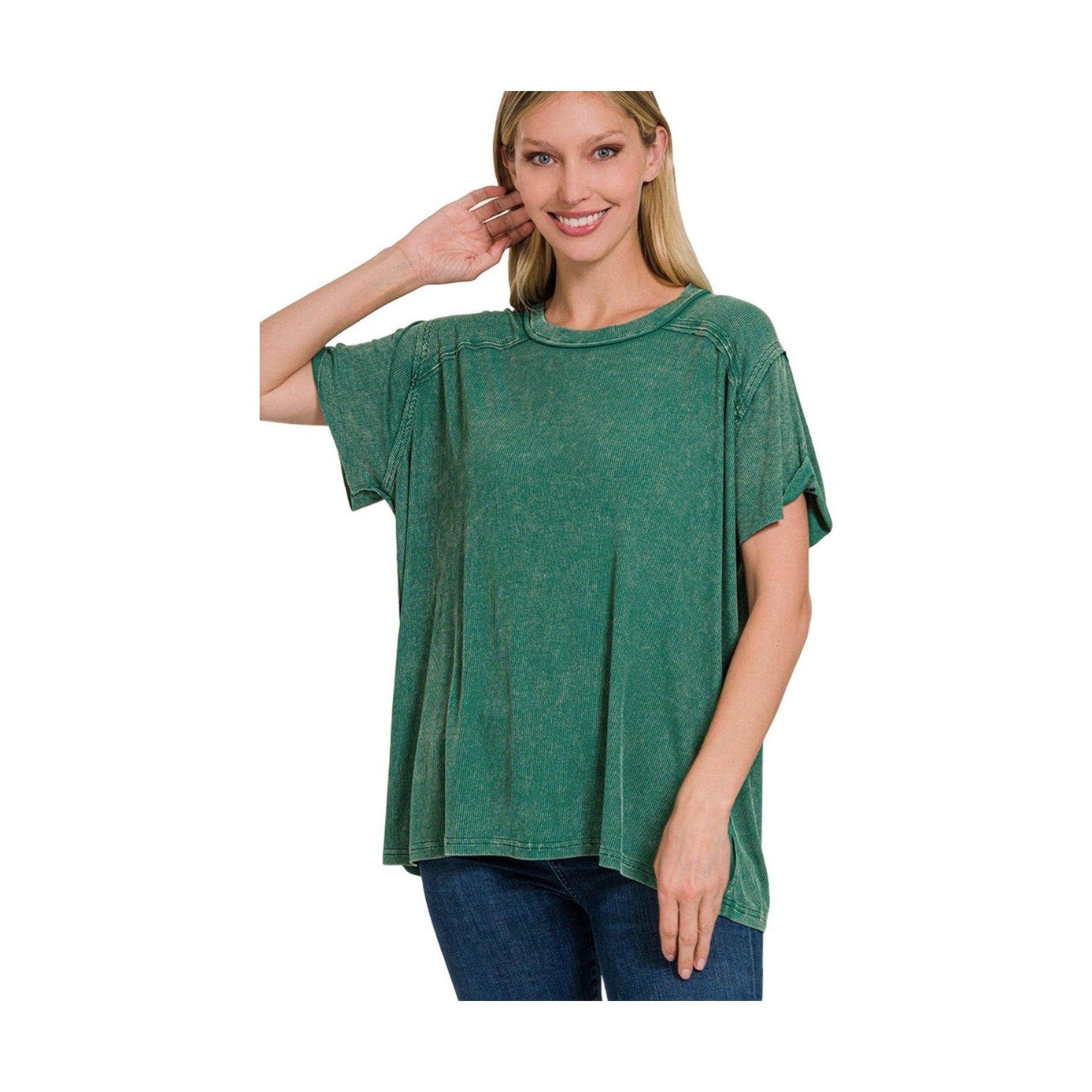 Zenana Washed Ribbed Short Sleeve Top - VacationGrabs