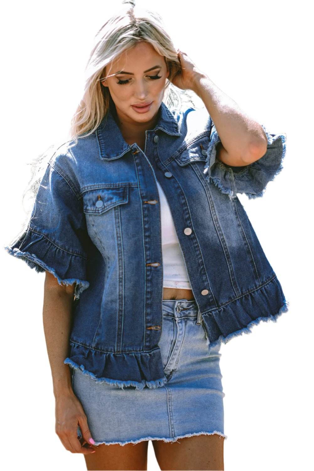 Peacock Blue Raw Edge Ruffled Short Sleeve Denim Jacket - VacationGrabs