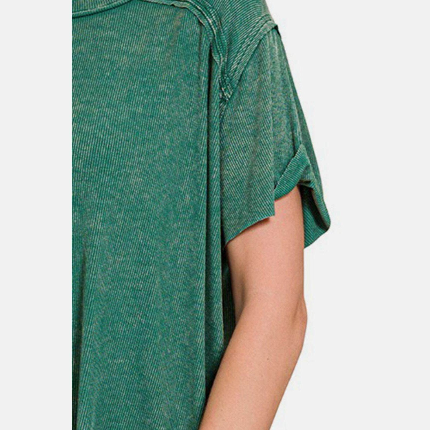 Zenana Washed Ribbed Short Sleeve Top - VacationGrabs