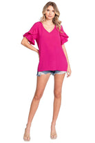 GeeGee V-Neck Ruffle Trim Short Sleeve Blouse - VacationGrabs