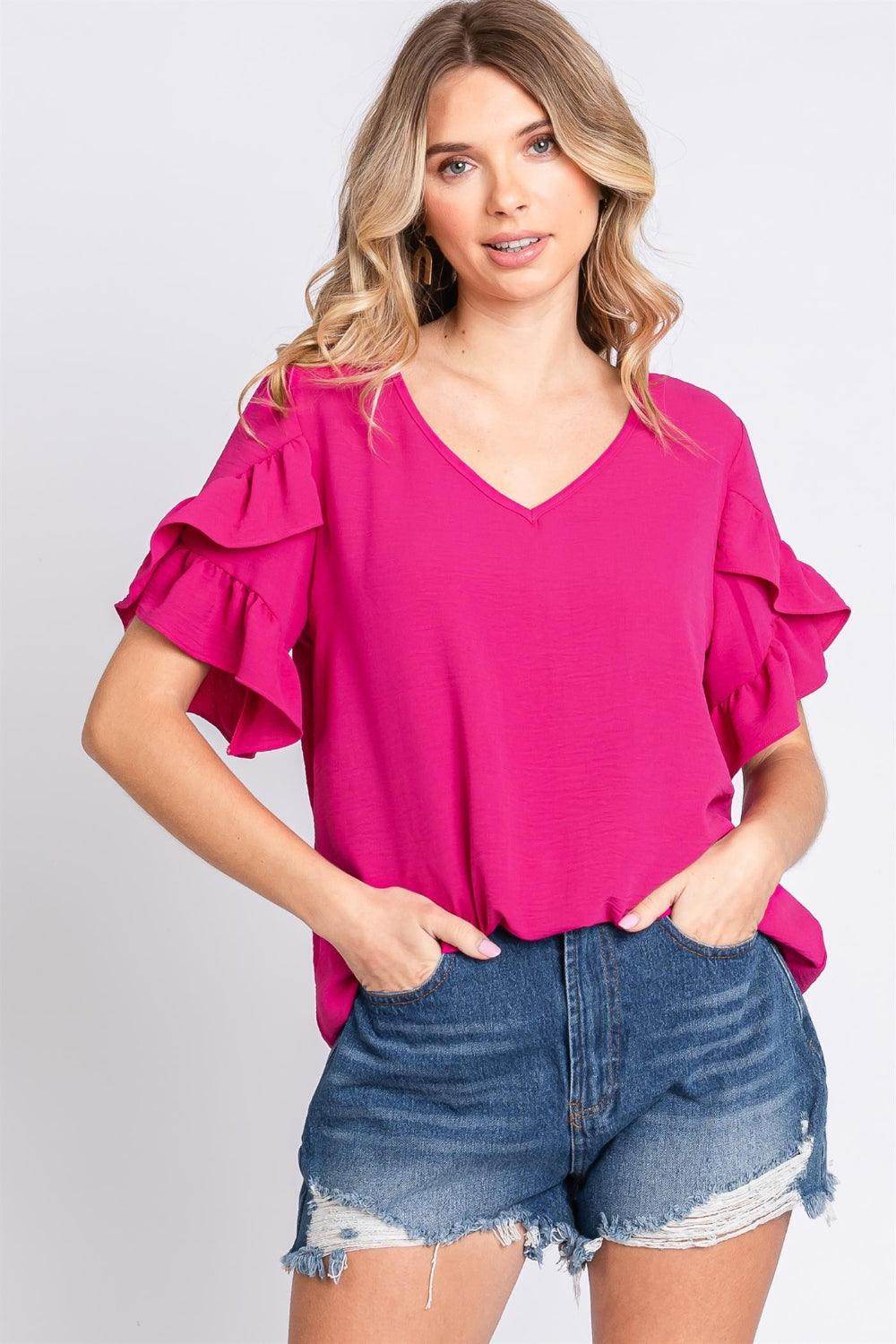 GeeGee V-Neck Ruffle Trim Short Sleeve Blouse - VacationGrabs