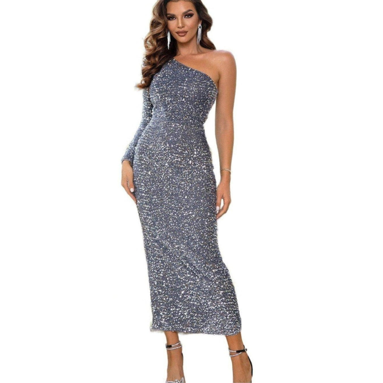 Blue One-Shoulder Long Sleeve Dress - VacationGrabs