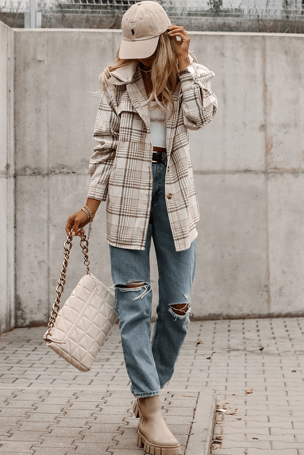 Khaki Plaid Removable Hood Buttoned Shacket - VacationGrabs