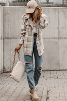 Khaki Plaid Removable Hood Buttoned Shacket - VacationGrabs
