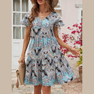 Printed V-Neck Tiered Dress - VacationGrabs