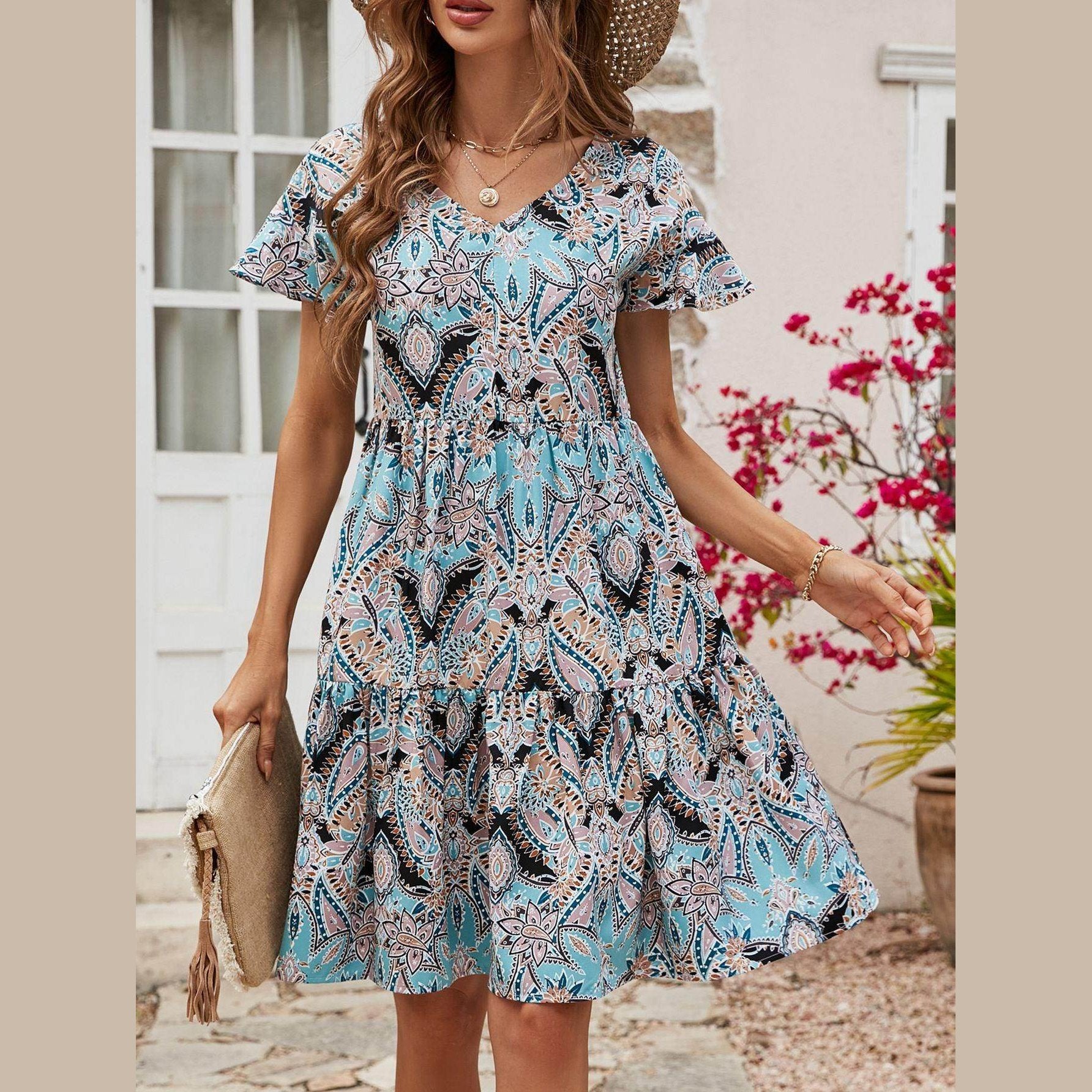 Printed V-Neck Tiered Dress - VacationGrabs