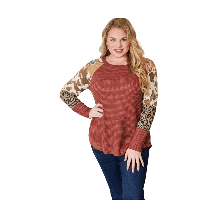 Hailey & Co Full Size Leopard Waffle-Knit Blouse - VacationGrabs