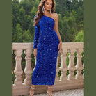 Blue One-Shoulder Long Sleeve Dress - VacationGrabs