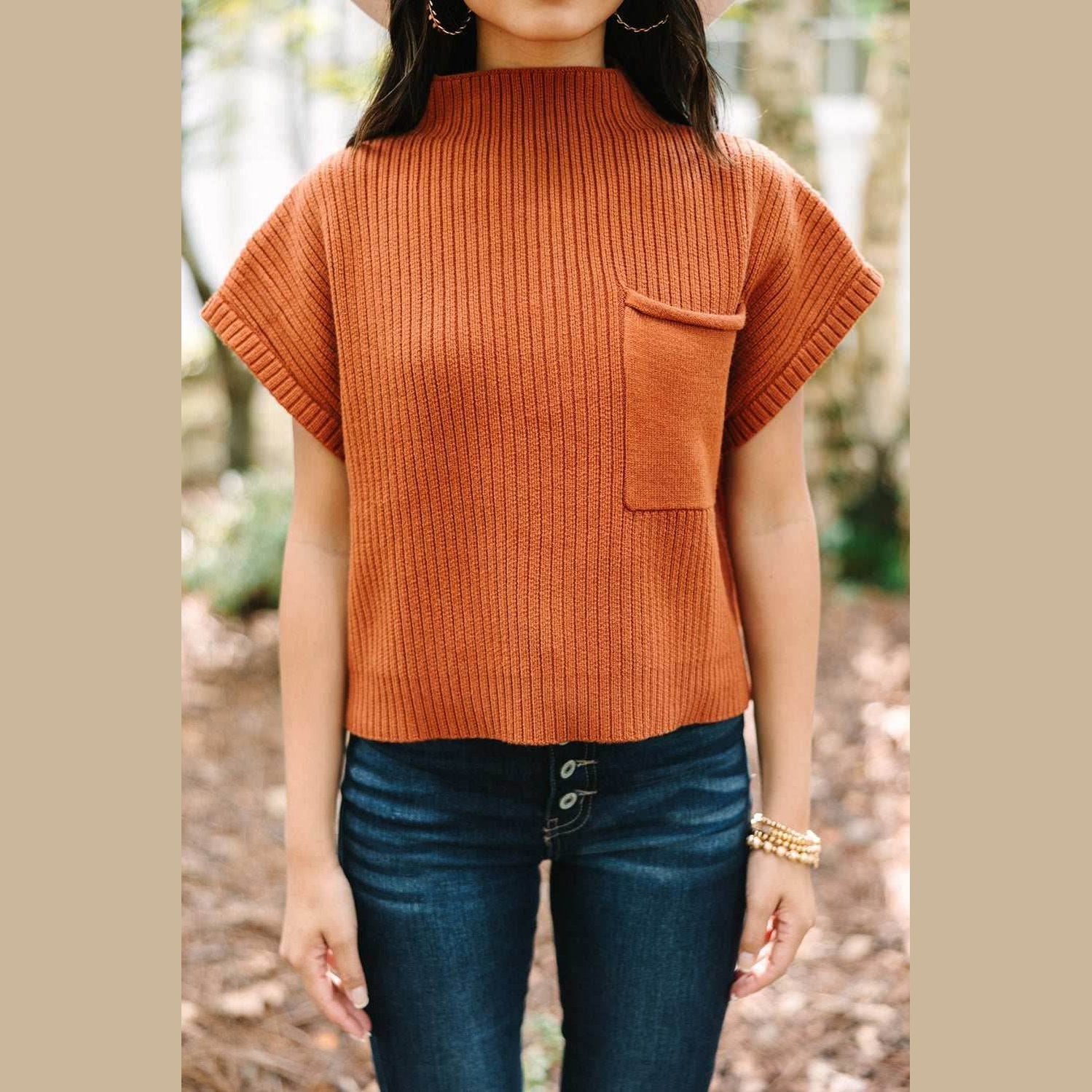 Gold Flame Patch Pocket Ribbed Knit Short Sleeve Sweater - VacationGrabs