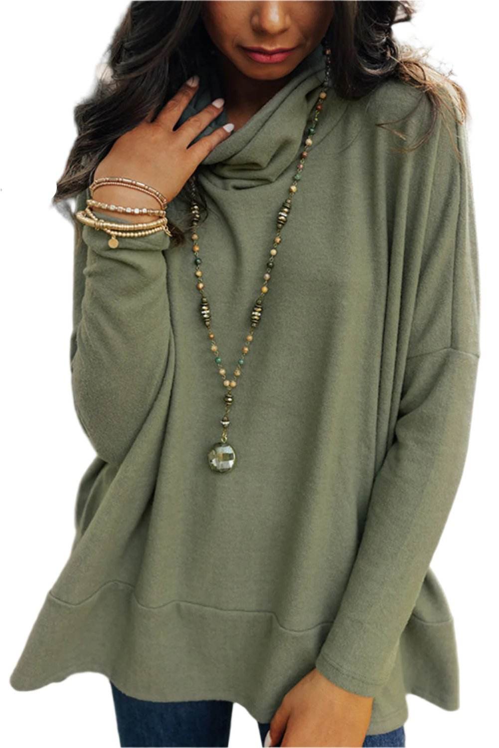 Jungle Green Cowl Neck Shift Tunic Top - VacationGrabs