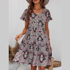 Printed V-Neck Tiered Dress - VacationGrabs