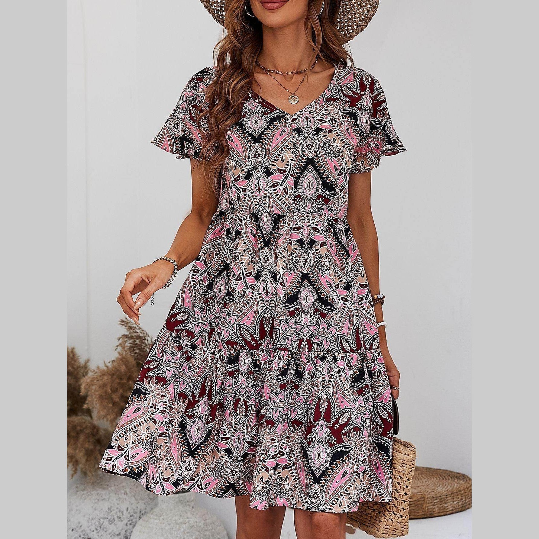 Printed V-Neck Tiered Dress - VacationGrabs