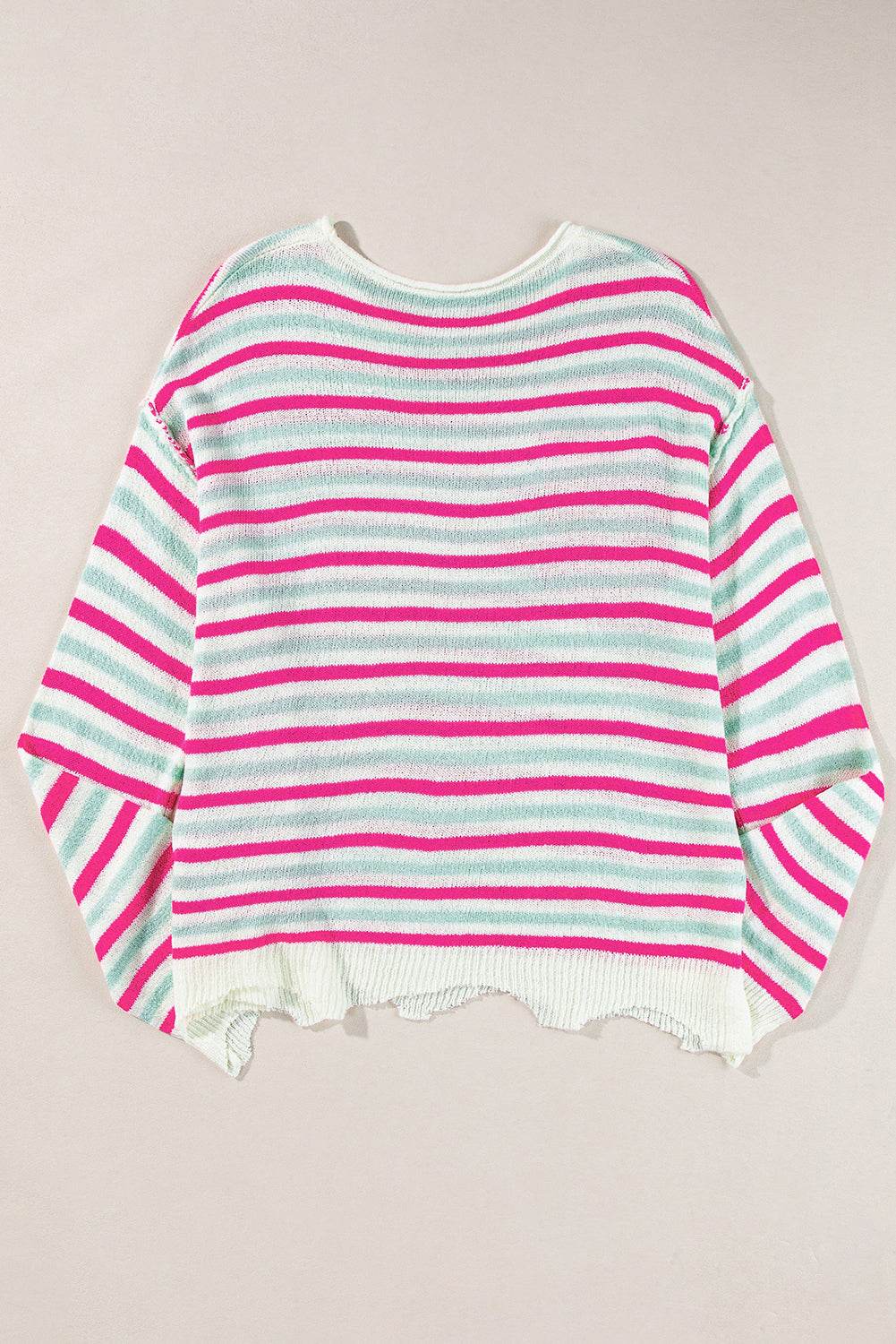Rose Stripe Oversized Drop Shoulder Sweater with Pocket - VacationGrabs