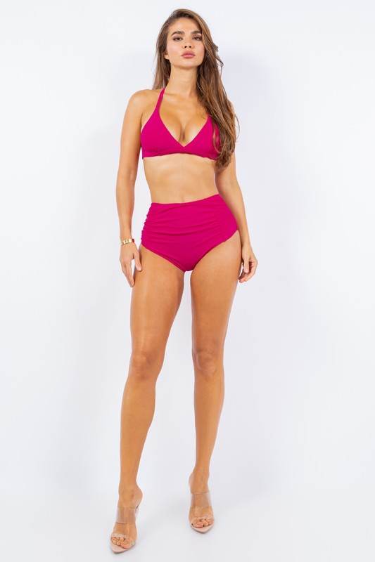 Two Piece High Waist With Rughe Front - VacationGrabs