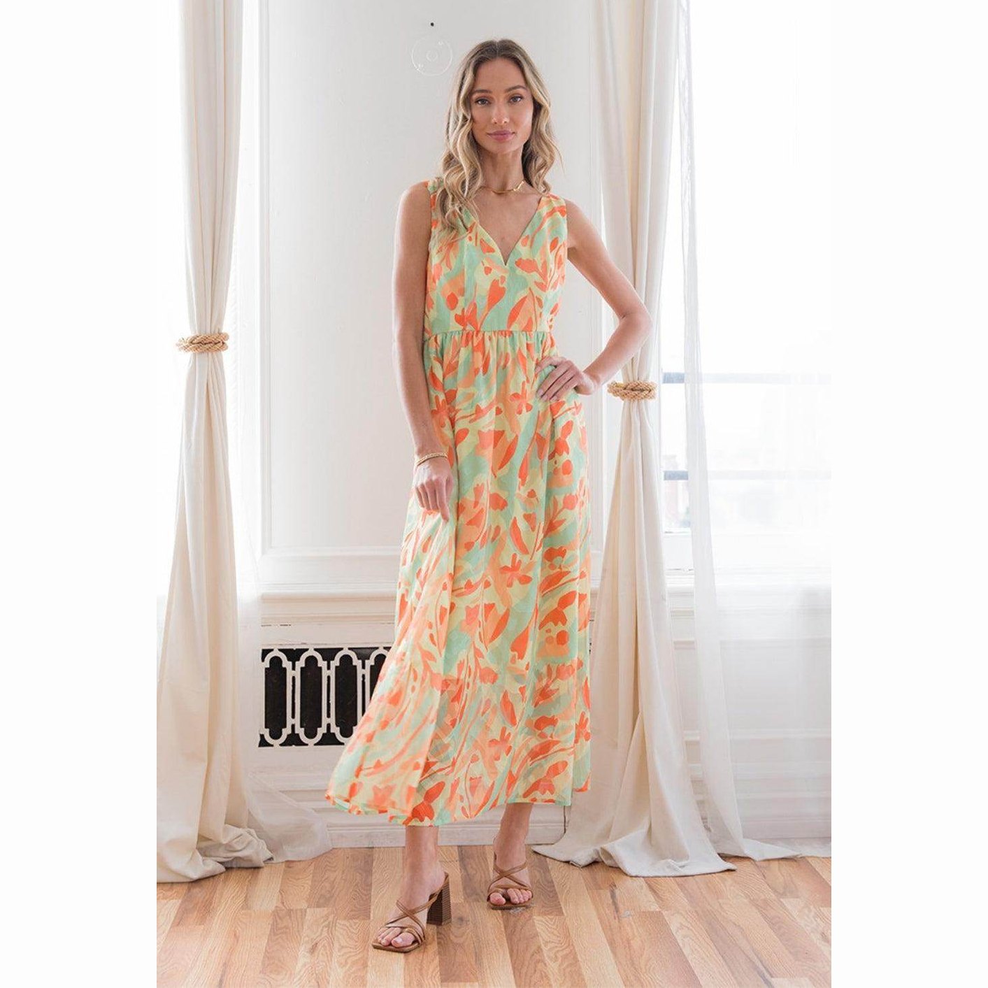 Sew In Love Printed V-Neck Sleeveless Dress - VacationGrabs