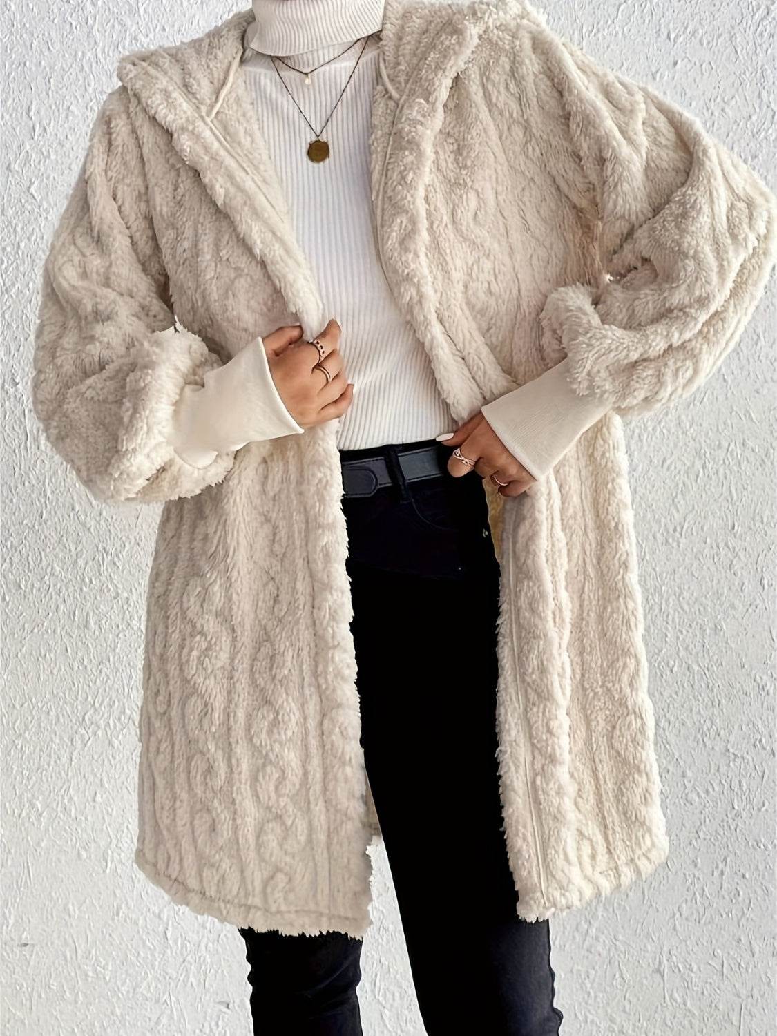 Open Front Long Sleeve Fuzzy Hooded Jacket - VacationGrabs