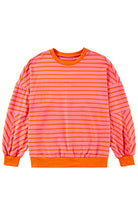 JUNIPER BLVD striped drop shoulder sweatshirt in vibrant pink and orange colors for a trendy casual look