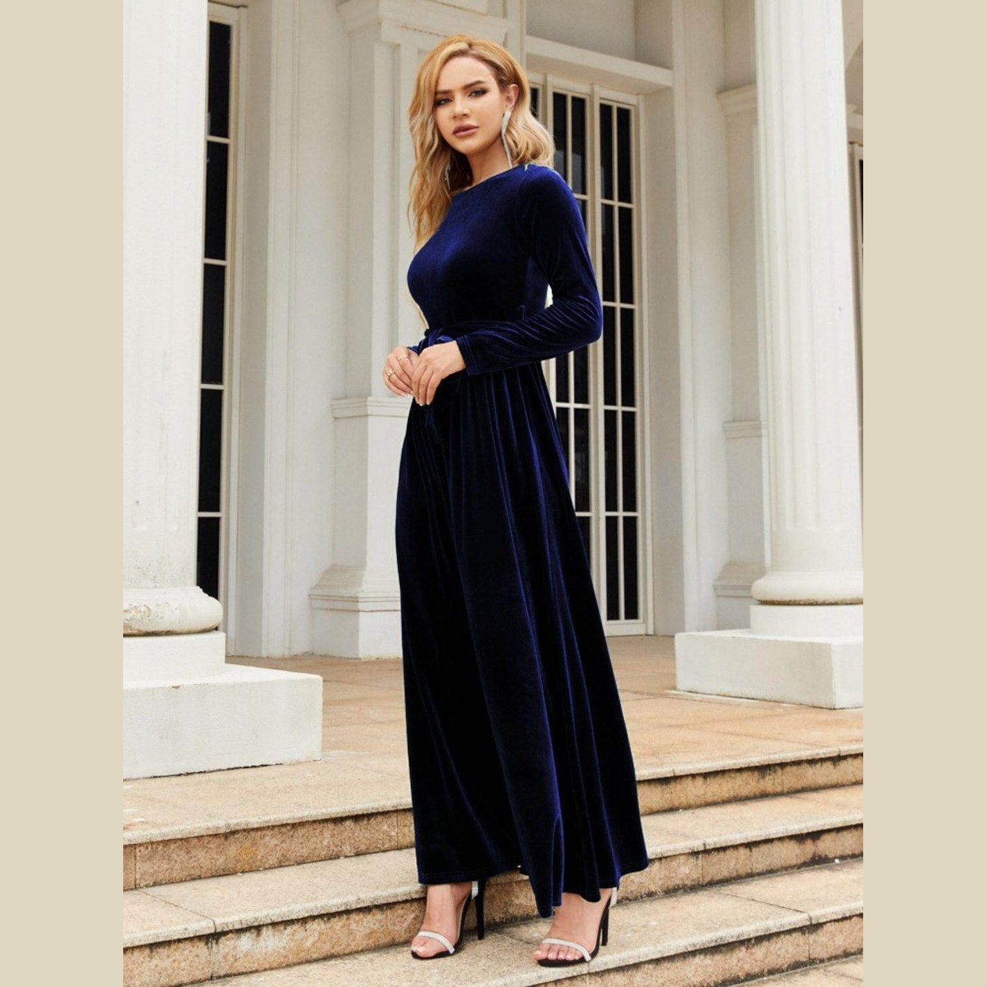 Tie Front Round Neck Long Sleeve Maxi Dress - VacationGrabs