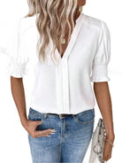 Notched Short Sleeve Blouse - VacationGrabs
