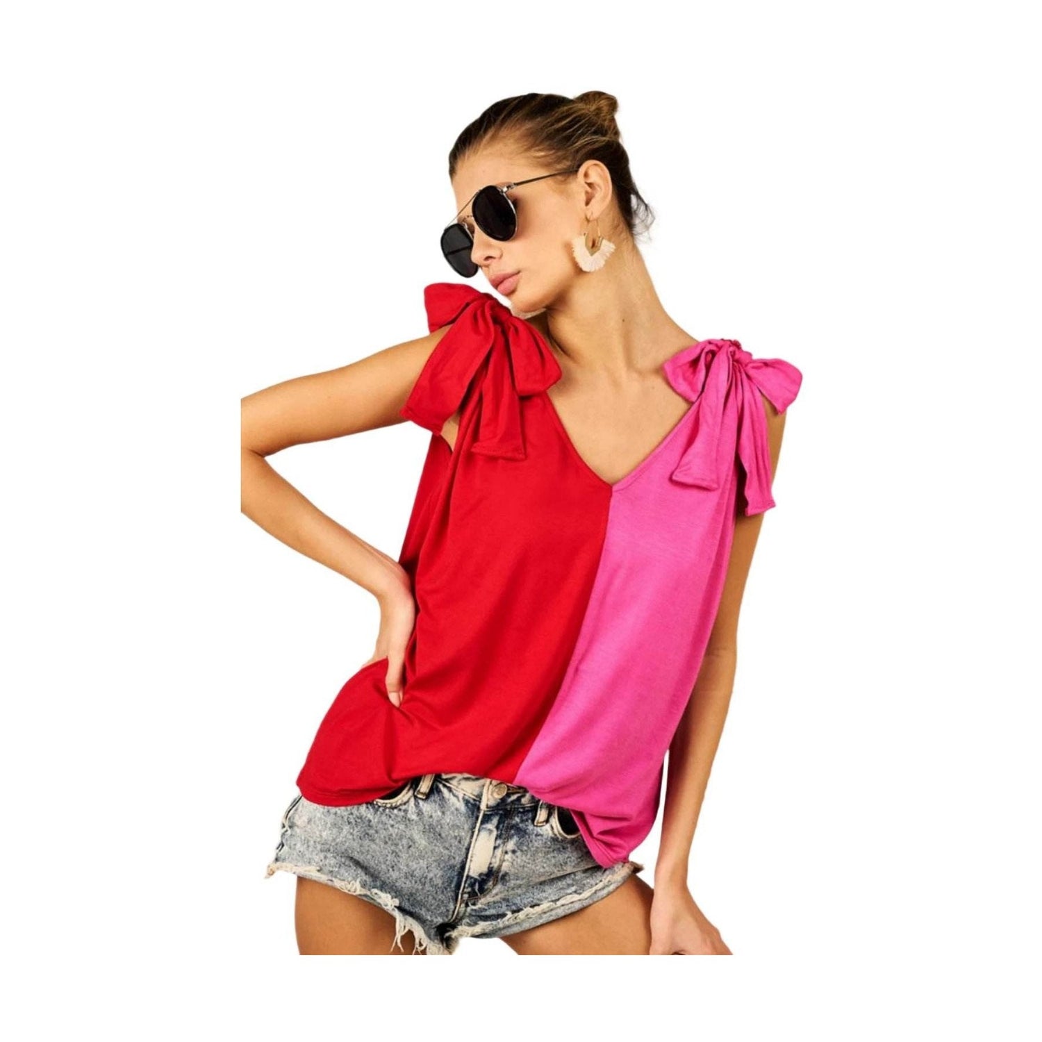 BiBi Shoulder Ribbon Tied Contrast Tank - VacationGrabs