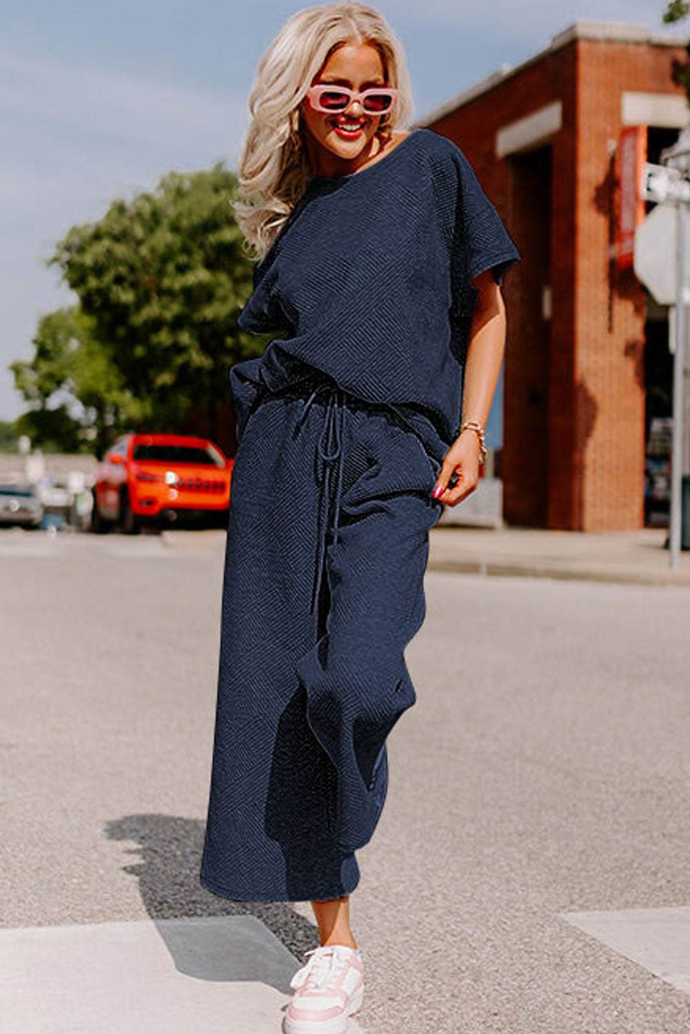 Navy Blue Textured Loose Fit T Shirt and Drawstring Pants Set - VacationGrabs