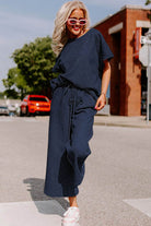 Navy Blue Textured Loose Fit T Shirt and Drawstring Pants Set - VacationGrabs