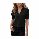 Notched Short Sleeve Blouse - VacationGrabs