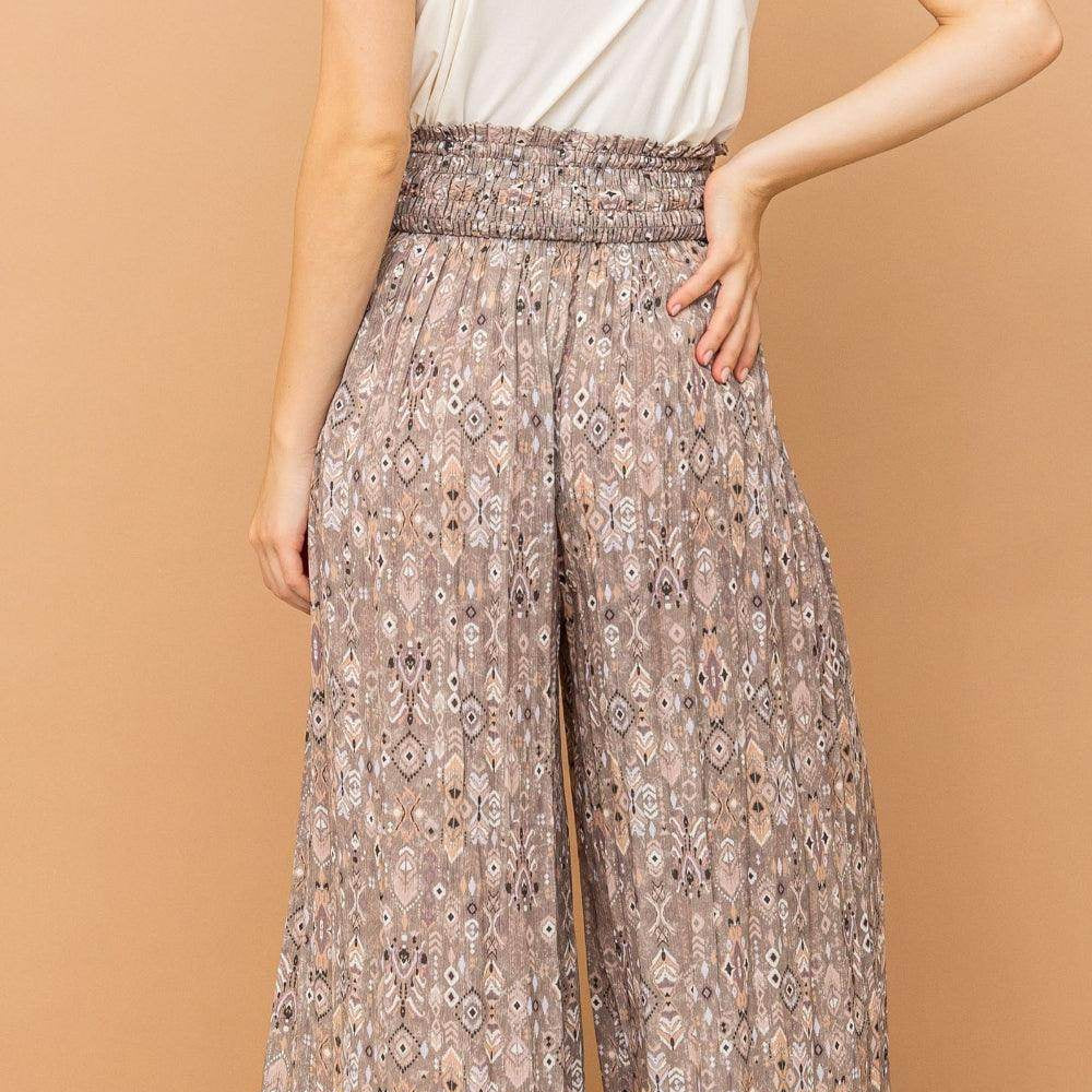 And The Why Printed Smocked Waist Slit Wide Leg Pants - VacationGrabs