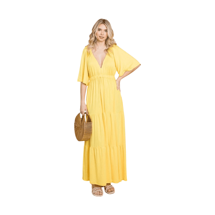 Culture Code Backless Plunge Half Sleeve Tiered Dress - VacationGrabs