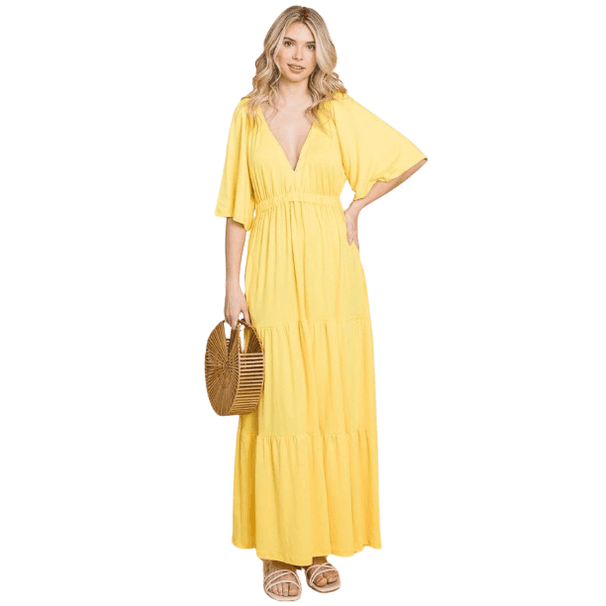 Culture Code Backless Plunge Half Sleeve Tiered Dress - VacationGrabs