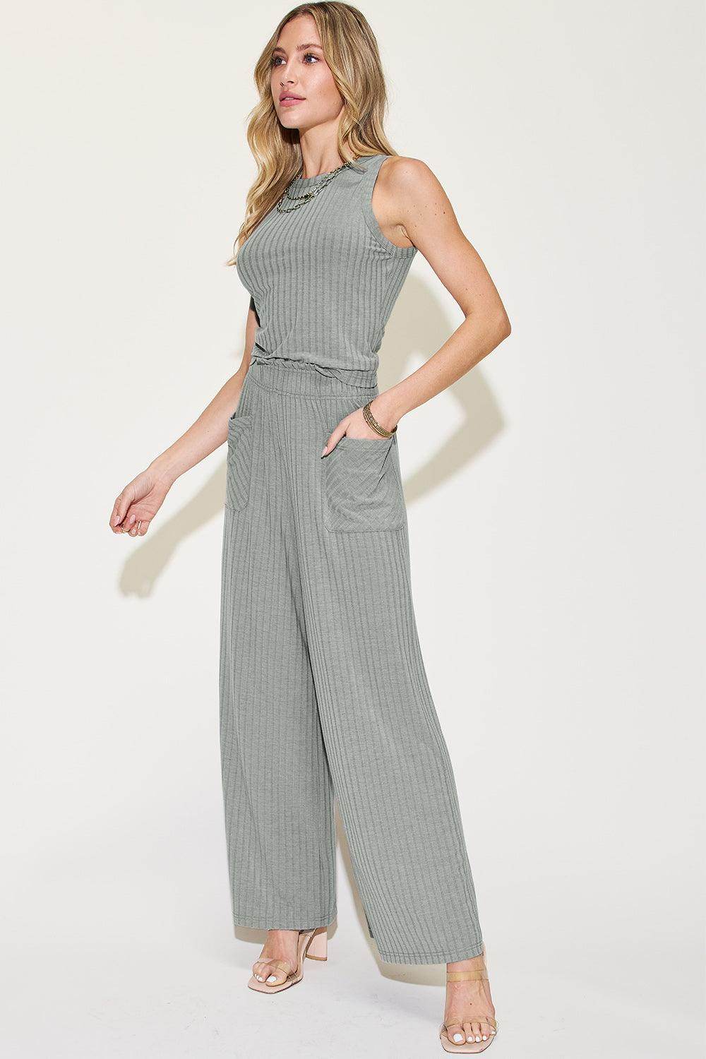 Women's Pants Basic Bae Full Size Ribbed Tank and Wide Leg Pants Set