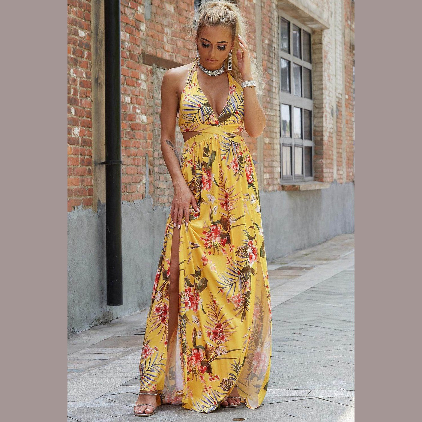 Halter Neck Split Dress - VacationGrabs