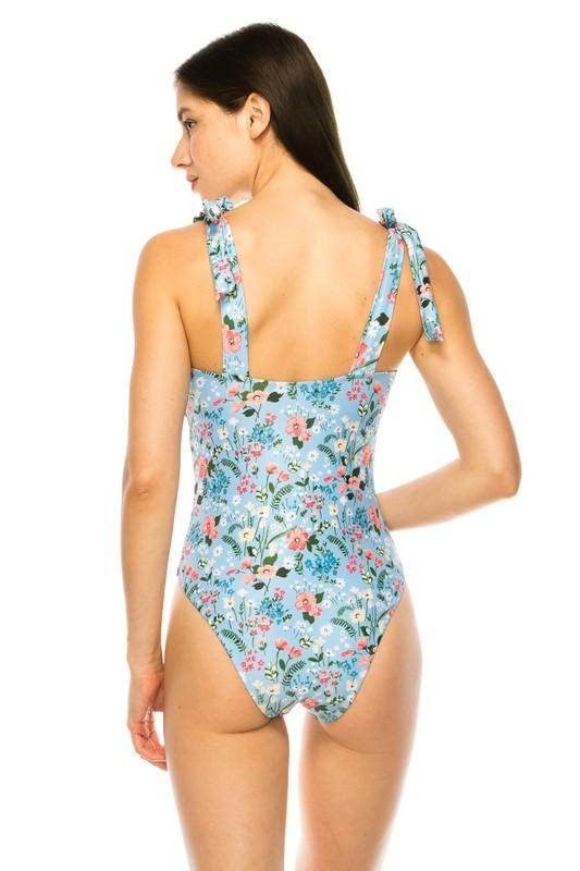 One Piece Bathing Suit Floral Print Tie Straps - VacationGrabs