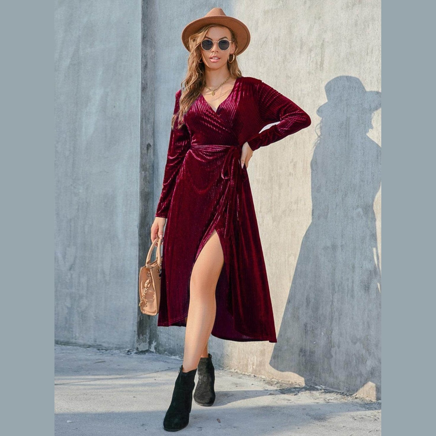 Tie Front Long Sleeve Slit Dress - VacationGrabs