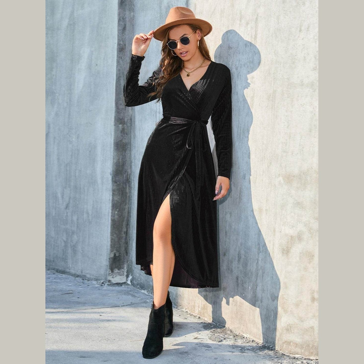 Tie Front Long Sleeve Slit Dress - VacationGrabs