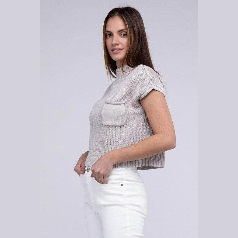 Mock Neck Short Sleeve Cropped Sweater - VacationGrabs