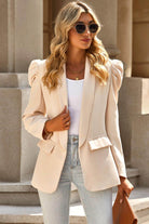 Double Take Puff Sleeve Shawl Collar Blazer - VacationGrabs