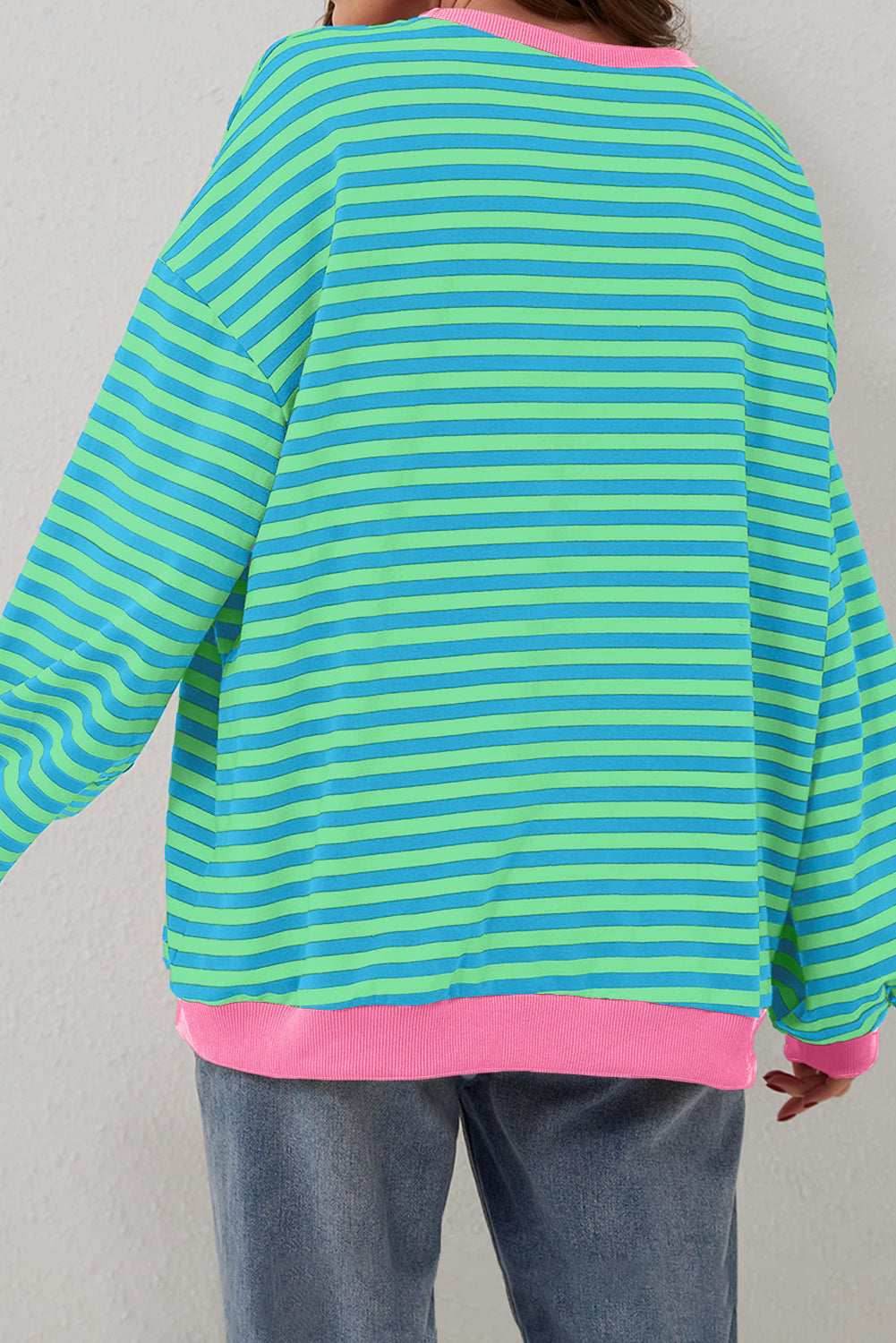 Sky Blue Stripe Oversized Contrast Trim Pullover Sweatshirt - VacationGrabs