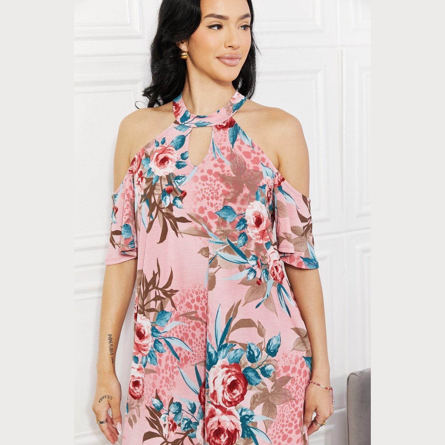Sew In Love Full Size Fresh-Cut Flowers Cold-Shoulder Dress - VacationGrabs