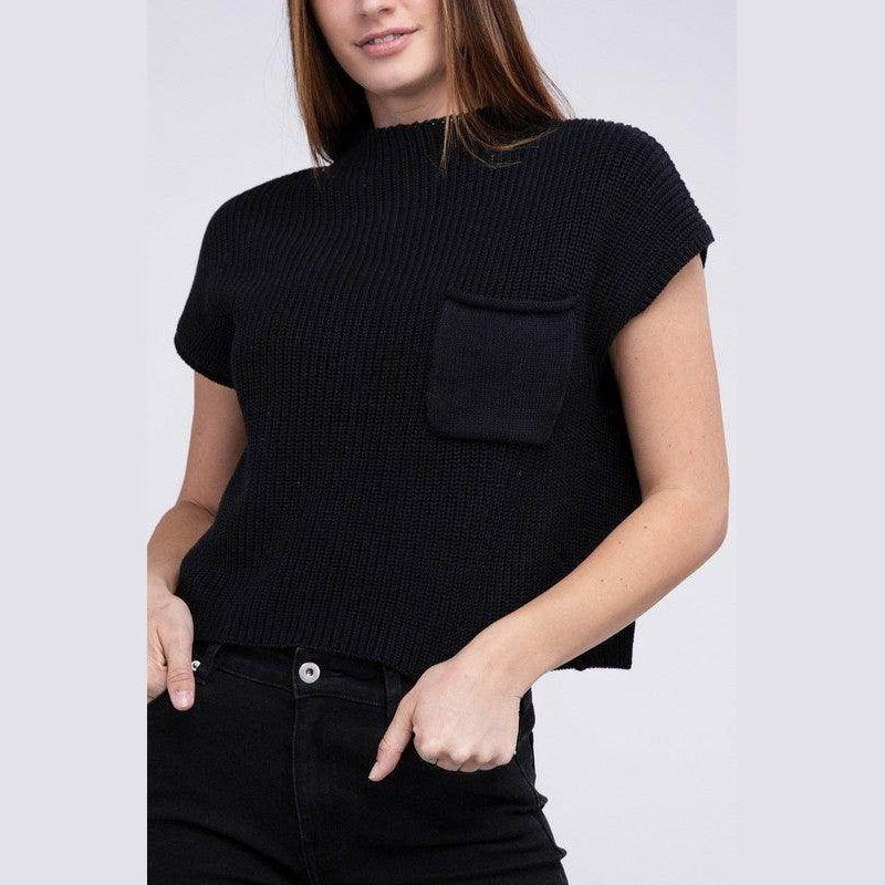 Mock Neck Short Sleeve Cropped Sweater - VacationGrabs