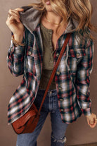 Red Plaid Print Chest Pocket Buttoned Hooded Shacket - VacationGrabs