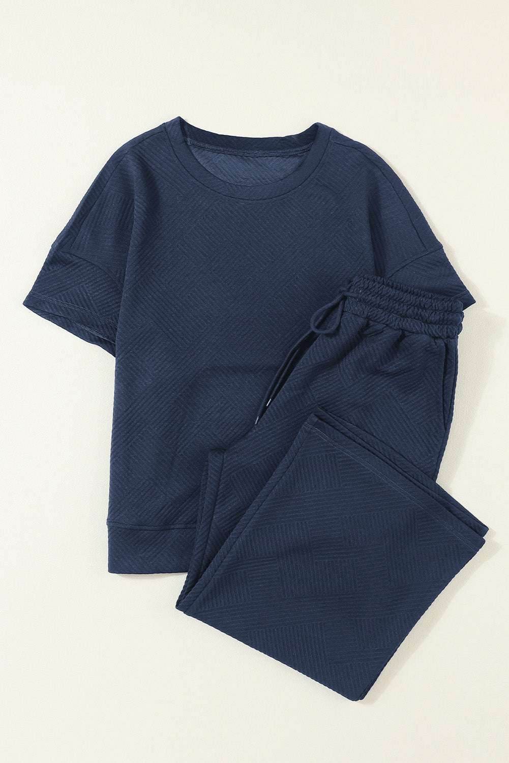Navy Blue Textured Loose Fit T Shirt and Drawstring Pants Set - VacationGrabs