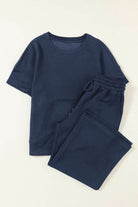 Navy Blue Textured Loose Fit T Shirt and Drawstring Pants Set - VacationGrabs
