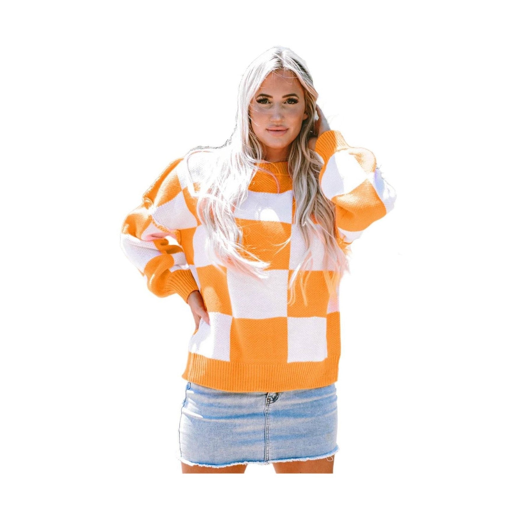 Orange Checkered Bishop Sleeve Sweater - VacationGrabs