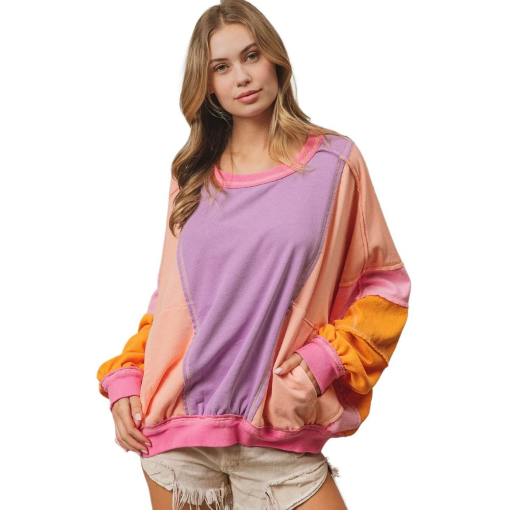 BiBi Color Block Exposed Seam Sweatshirt with Pockets - VacationGrabs