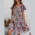 Printed V-Neck Tiered Dress - VacationGrabs