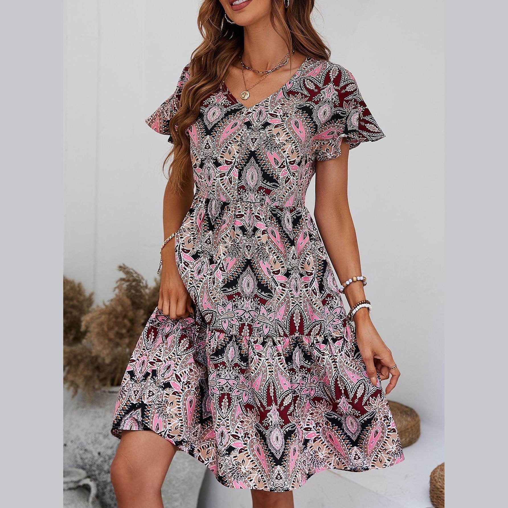 Printed V-Neck Tiered Dress - VacationGrabs