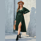 Tie Front Long Sleeve Slit Dress - VacationGrabs