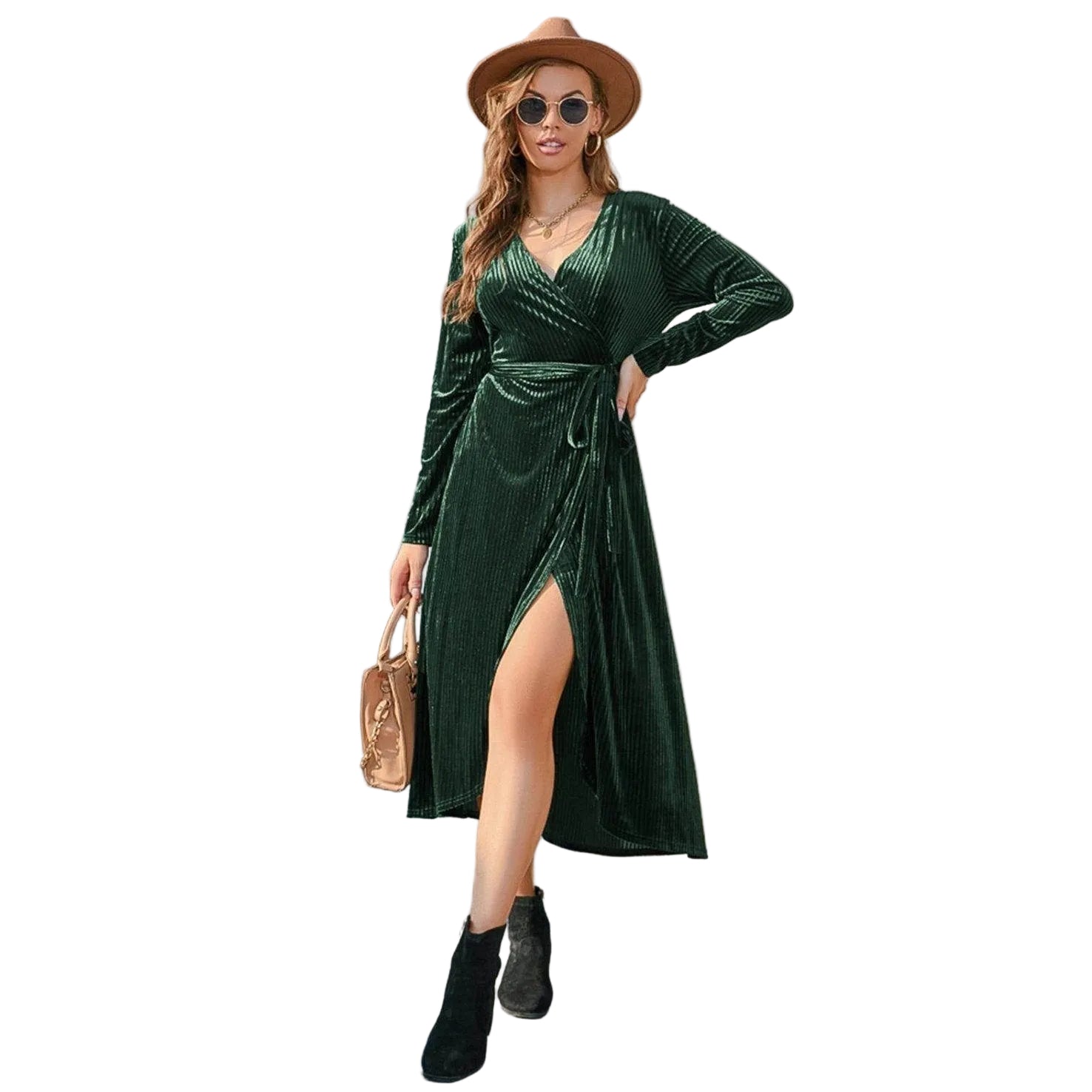 Tie Front Long Sleeve Slit Dress - VacationGrabs