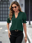 Notched Short Sleeve Blouse - VacationGrabs